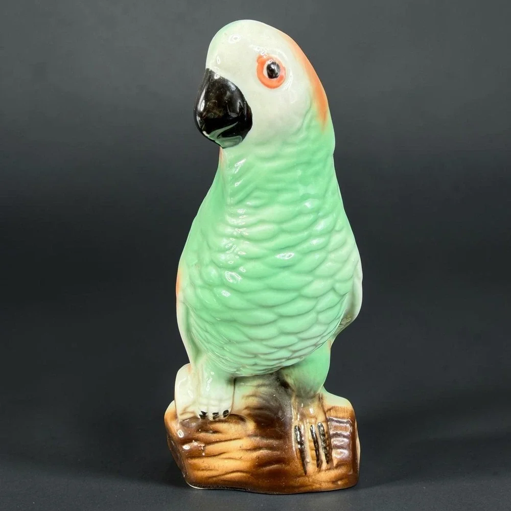 Vintage Green Parrot Ceramic Figurine Made in Brazil Tropical Bird Marked 7 inch